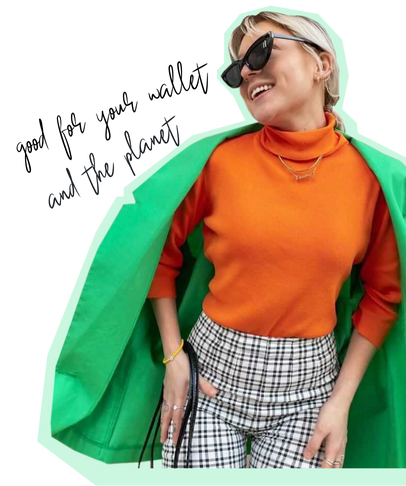 Emily Grace Kelly with plaid pants, orange turtleneck, green trench coat outfit with black handbag & gold necklace & bracelet